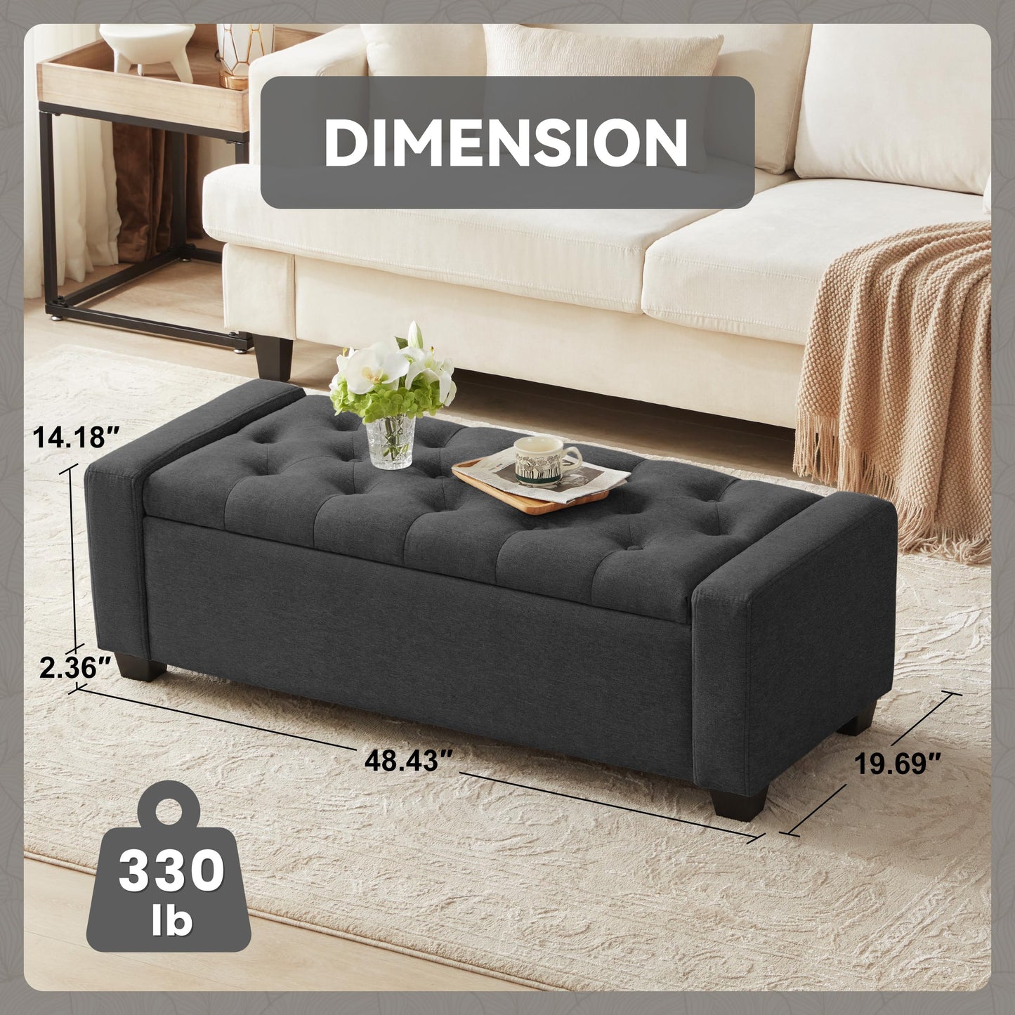 Mangodan 48" Ottoman with Storage, Soft Storage Ottoman Bench for Bedroom, Tufted Upholstered Window Benches, End of Bed Bench for Living Room, Entryway Bench with Seating, Foot Rest, Darkgrey