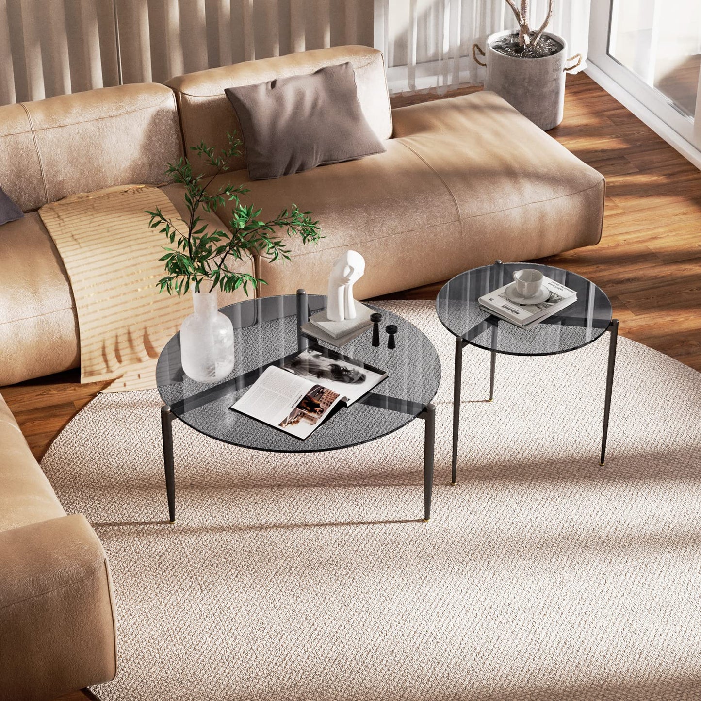 Artloge Round Tempered Glass Table: 31.5 inch Large Circle Top Storage Shelf with Metal Frame, Modern Coffee Table Center Desk Luxury Furniture for Living Room, Grey