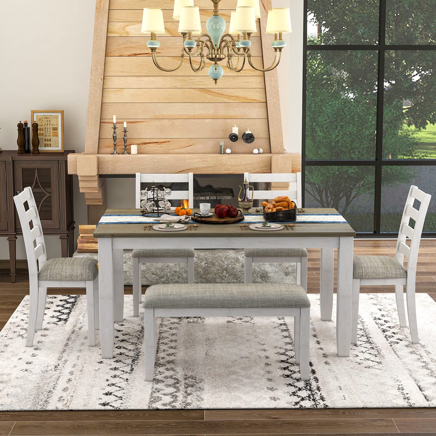 Merax 6 Piece 60in Dining Set for Home, Kitchen, Dining Room, Rectangular Table Set with 4 Upholstered Chairs & a Bench, Rubber Wood Dining Room Table Set for 6 (Brown + Whitewash, Rustic Style)