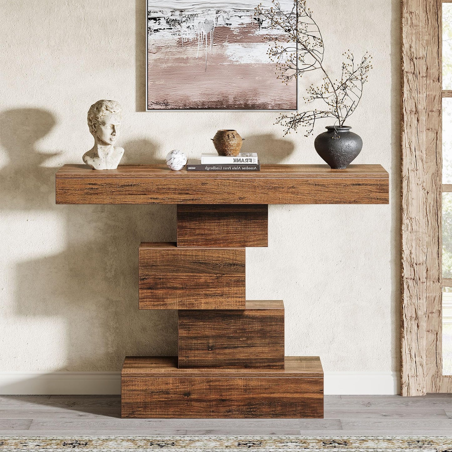 Tribesigns 42.5" Farmhouse Console Table, Narrow Wood Sofa Table Behind Couch with Geometric Base, Industrial Entryway Accent Table for Living Room, Hallway, Entrance (Rustic Brown)