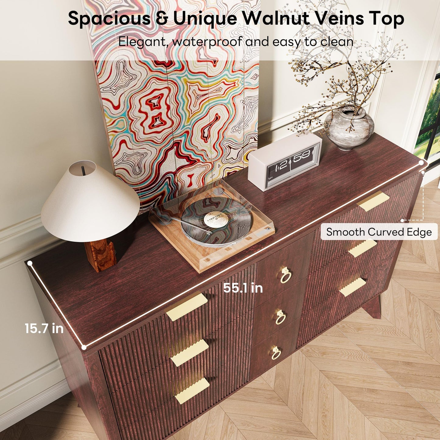 LIKIMIO Dresser for Bedroom 9 Drawers with LED Light, 55" Wide Fluted Chest of Drawers, Wood Closet Organizer, TV Stand for Living Room, Walnut