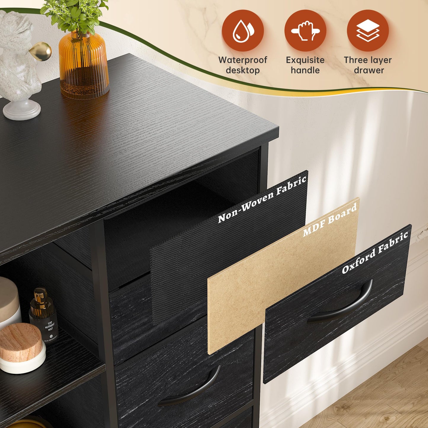 EnHomee 51" H Tall Dresser with 15 Drawers Dresser for Bedroom with Charging Station & LED Lights & Hutch Sturdy Black Bedroom Dressers, Steel Frame, Wood Top, 51.2" H x 39.3" W x 11.8" D