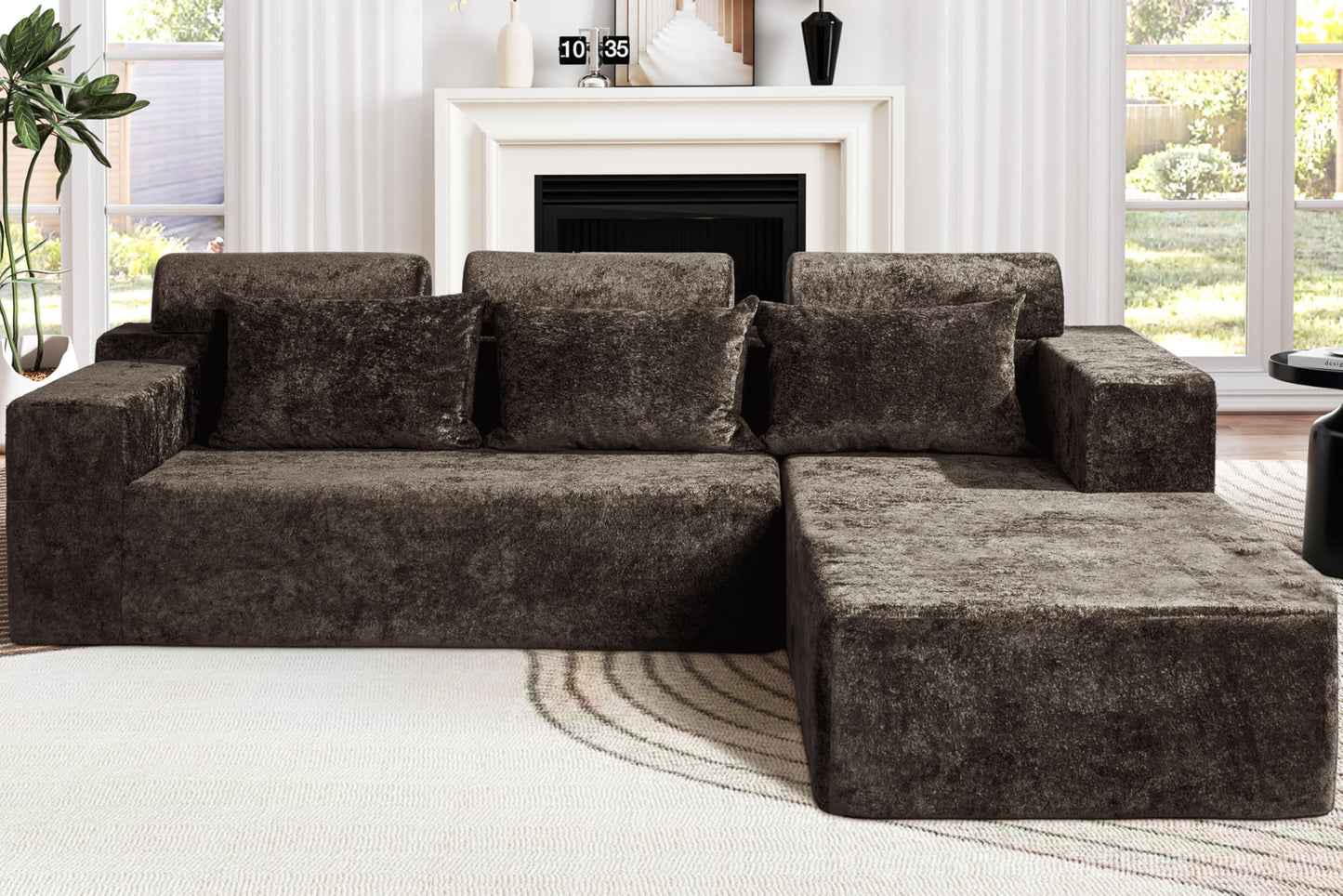 Homguava Modular Sectional Couches for Living Room,105" Cloud Couch with L-Shape Chaise,Comfy Sofa Living Room Couch with Deep Seat,No Assembly L Couch,Luxury Distressed Velvet(Yellow Brown,R)