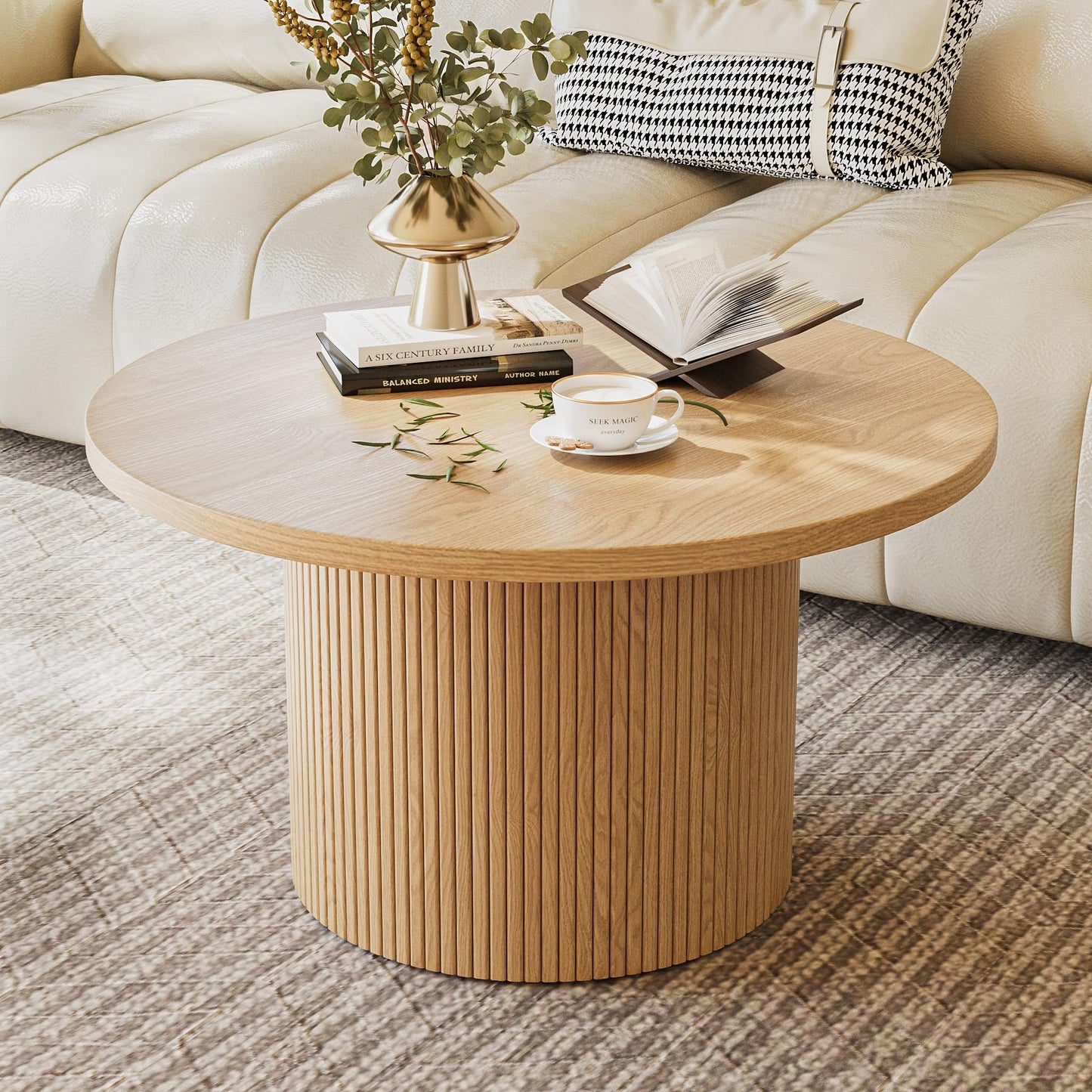 MAISONARIA Round Coffee Table with Storage, 35" Coffee Tables for Living Room, Circle Wood Accent Center Table for Apartment, Oak