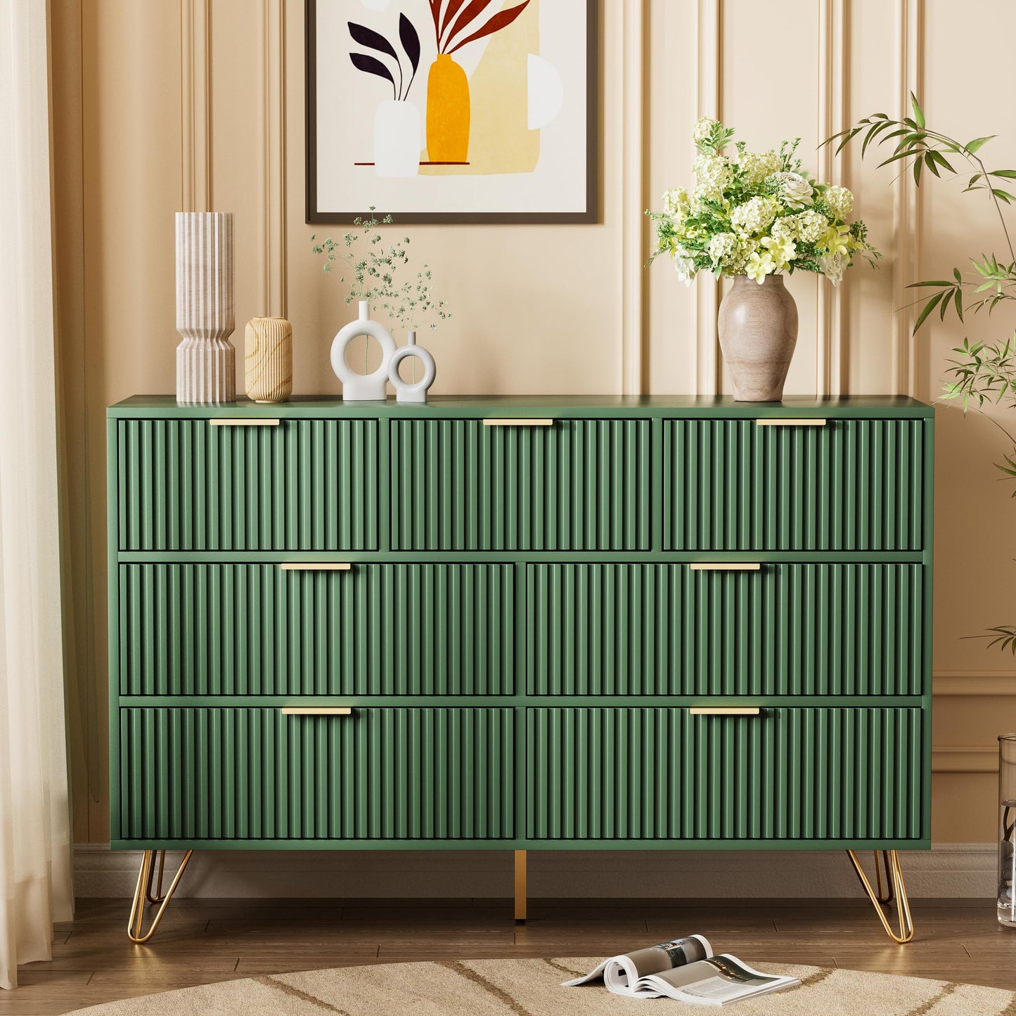 Furniway Dresser for Bedroom, Fluted Modern Dresser with Gold Pulls and 7 Drawers, 15.7" D x 47.2" W x 31.4" H, Green