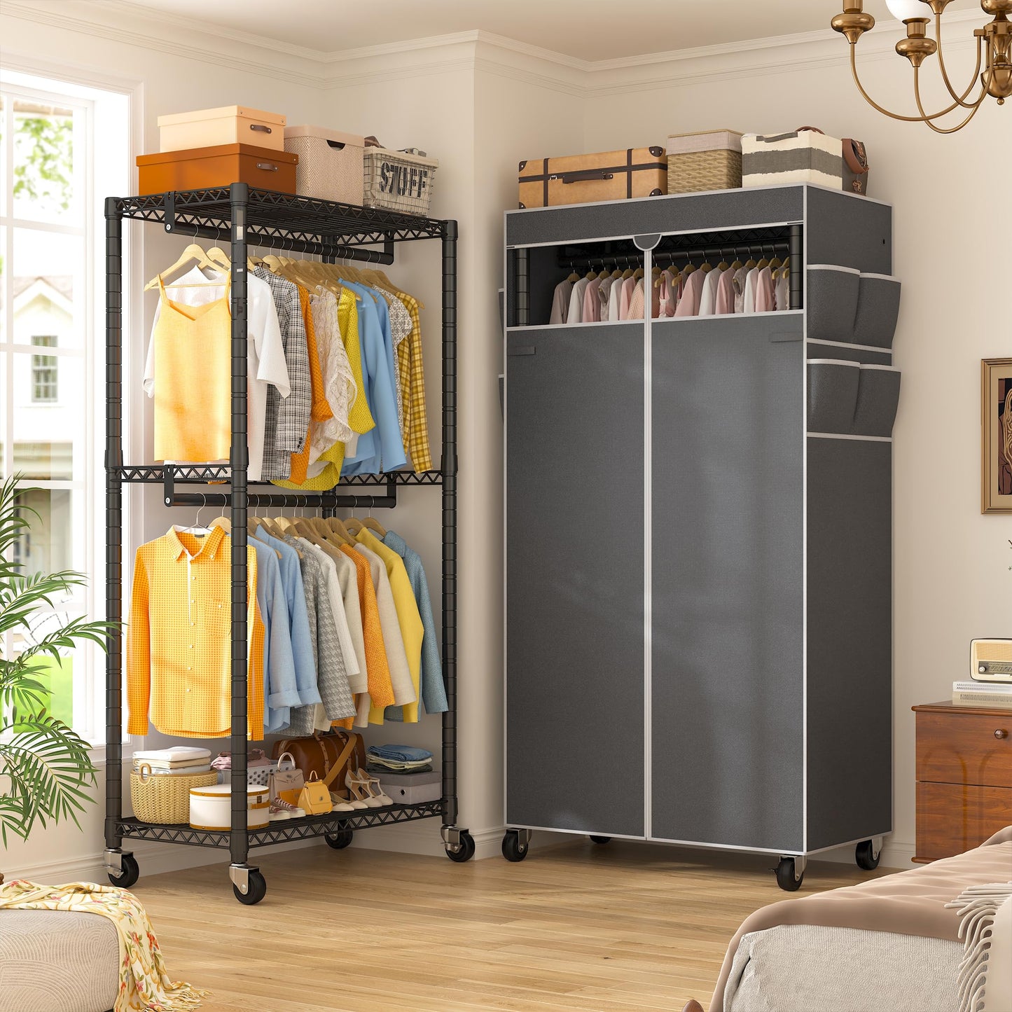 Raybee Clothes Rack with Cover and Wheels,Heavy Duty Clothing Racks for Hanging Clothes Adjustable, Rolling Portable Closet, 35.5" W*15.7" D*79 "H Black