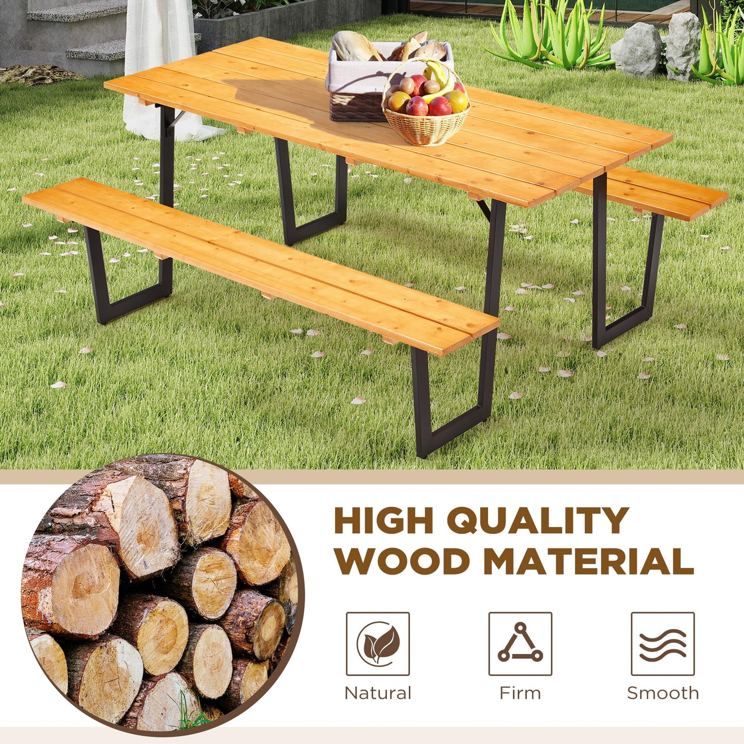 AVAWING 70" Wood Picnic Table for Outdoor, Rectangle Patio Dining Table and Bench Set, Heavy-Duty Picnic Beer Table Bench Set for Garden, Lawn & Backyard, Yellow