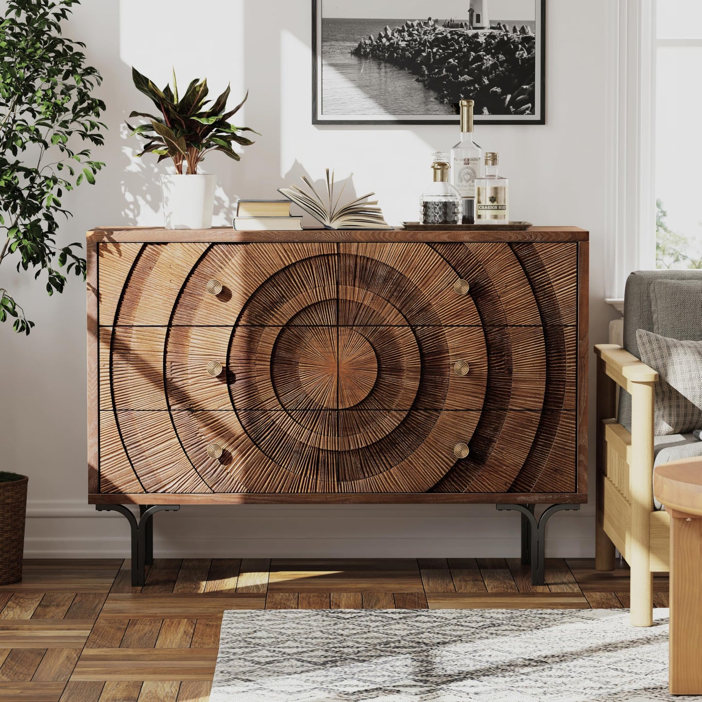 Aoikax Farmhouse 6-Drawer Dresser, Accent Wooden Chest of Drawers with Circle Pattern and Radioactive Wood Lines,Accent Storage Dresser for Living Room, Bedroom, Brown
