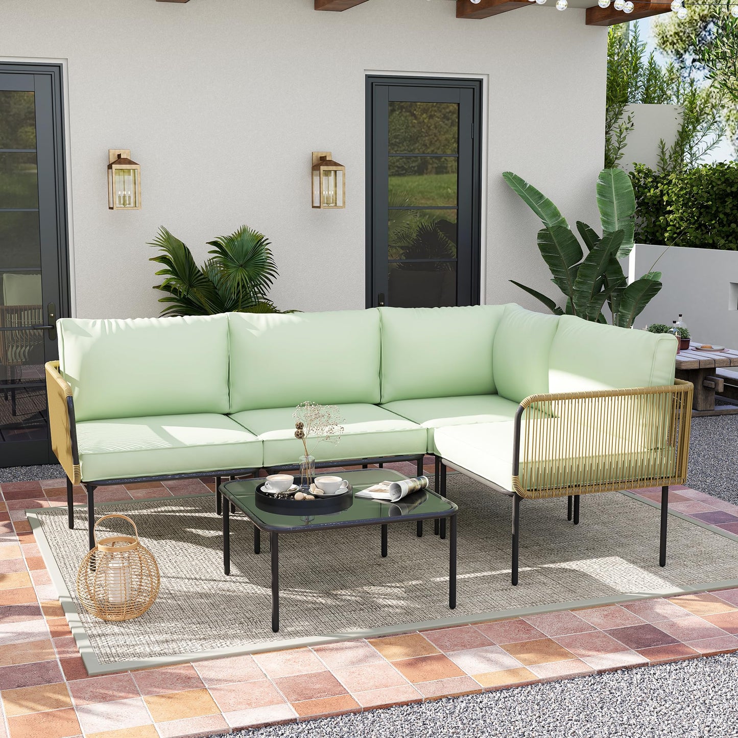 FKLUG Patio Furniture Set, 5 Piece Outdoor Patio L-Shaped Conversation Set with Cushions and Table, All-Weather Rattan Woven Sectional Sofa for Backyard, Porch, Boho Detachable Lounger (Green)