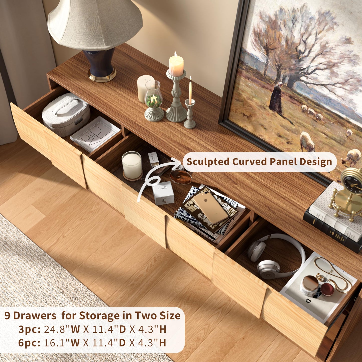Lamohome Solid Wood Fronts 9 Drawer Dresser, 65" Wide Modern Chest with Gradient Block Design for Bedroom & Living Room