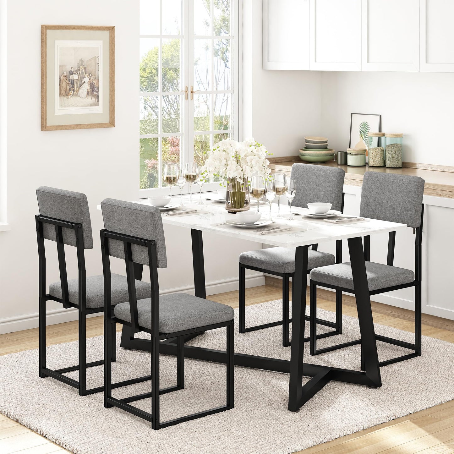HUGROVE 5-Piece Dining Table Set, 47.27'' Faux Marble Rectangular Table with 4 Linen Upholstered Dining Chairs, Modern Kitchen & Dining Room Furniture for Apartment (Silver)