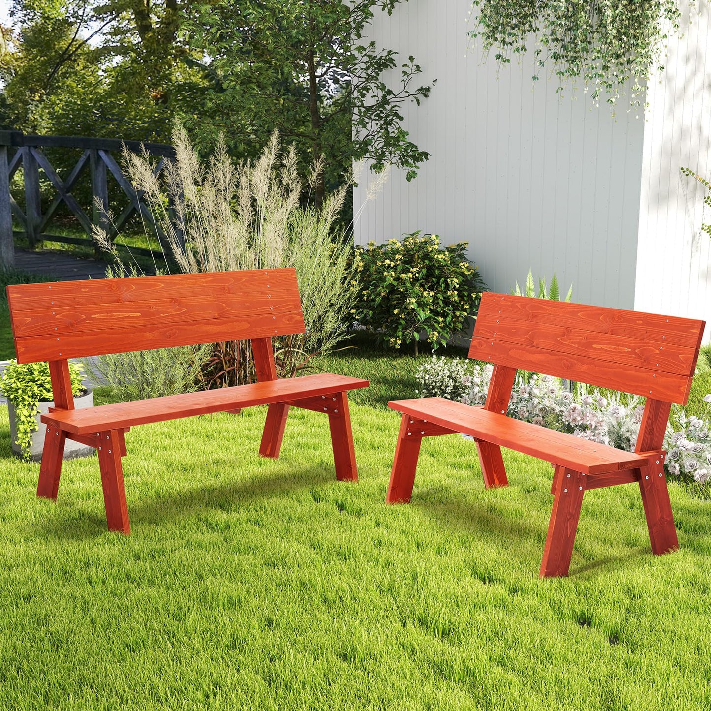 AVAWING 2 Piece Outdoor Convertible Bench, 2-in-1 Transforming Picnic Table Set, Wooden Garden Bench for Backyard, Porch, Patio, Tangerine