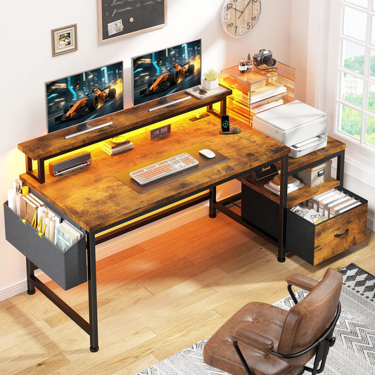 Computer Desk with Drawers and LED Lights,57" Gaming Desk with Power Outlets and Printer Space, Office Desk with File Drawers Cabinet,Study Table with Shelves Monitor Stand,Living Room,Rustic Brown