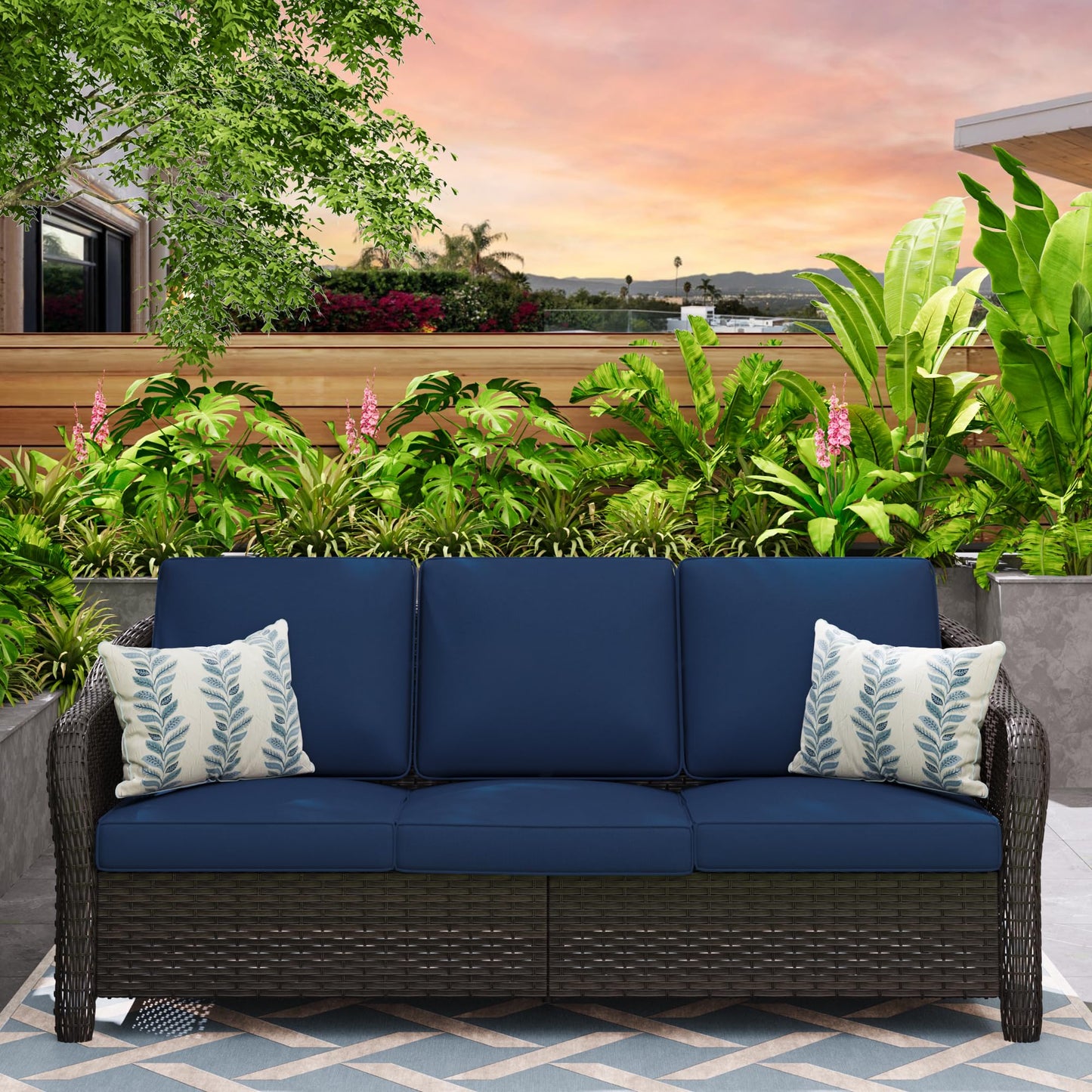 MeetLeisure 78" Wicker 3-seat Sofa, Outdoor Conversation Furniture, All-Weather Rattan Couch, Steel Frame Couch with Cushions for Garden, Poolside, Porch (Navy Blue)