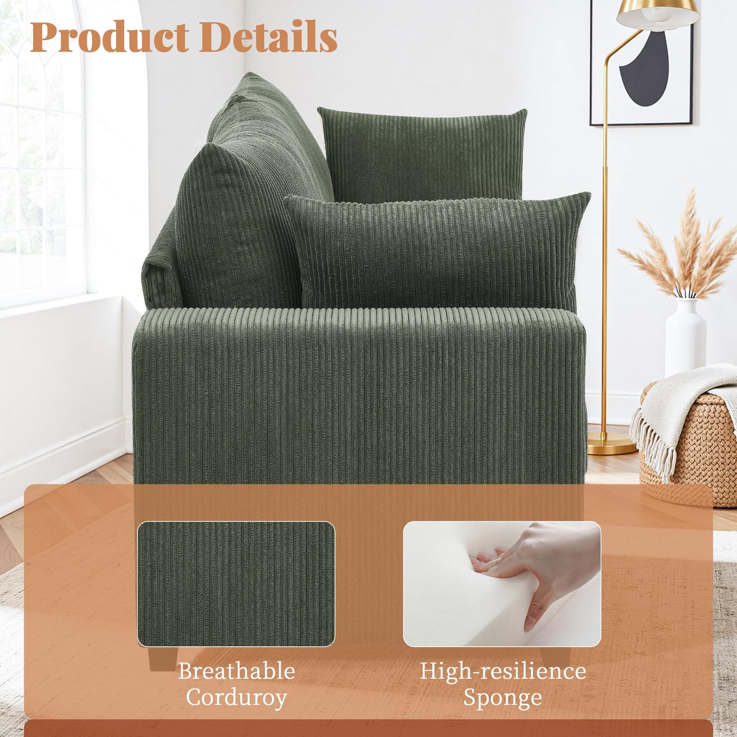 TBCOPTO 79” Cloud Loveseat Sofa, Modern Comfy Corduroy Couch with Deep Seats, Spring Cushions & Solid Wood Frame, Upholstered Love Seat Couches for Small Spaces Living Room, Bedroom, Apartment, Green