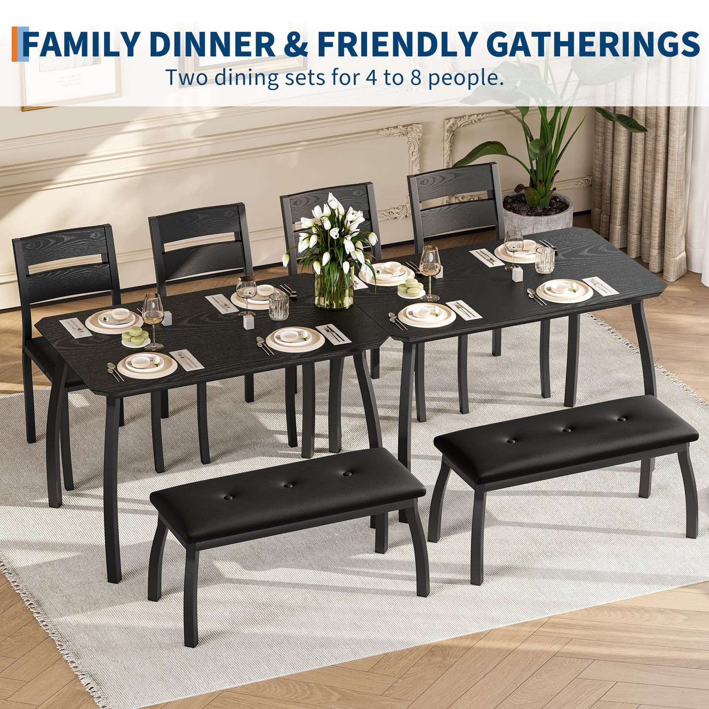 GarveeHome Dining Table Set for 4, Sturdy Wooden Kitchen Table with Chamfer Design and Metal Legs, Upholstered Bench & 2 Classic Dinner Chairs, Kitchen and Dining Set for Home Dinner, Party, Black