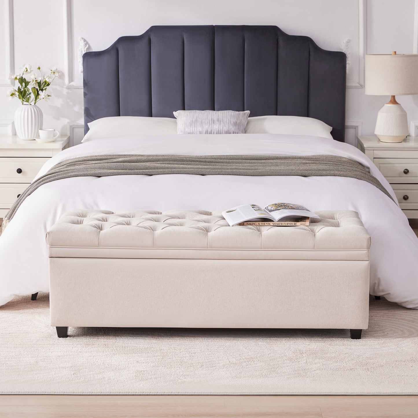Mangodan 50" Storage Ottoman Bench, Tufted Ottoman with Storage Bench for Living Room, Large End of Bed Bench Ottomans, Modern Entryway Benches, Window & Bedroom Benches for Foot of Bed, Beige