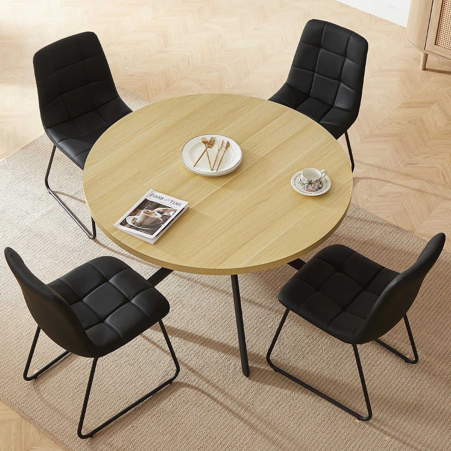 HIPIHOM 45.3 Inch Round Dining Table Set for 4, Mid Century Modern Small Coffee Set for Dining Room Kitchen Apartment (Cream Table + 4 U-Shaped Black Chairs)