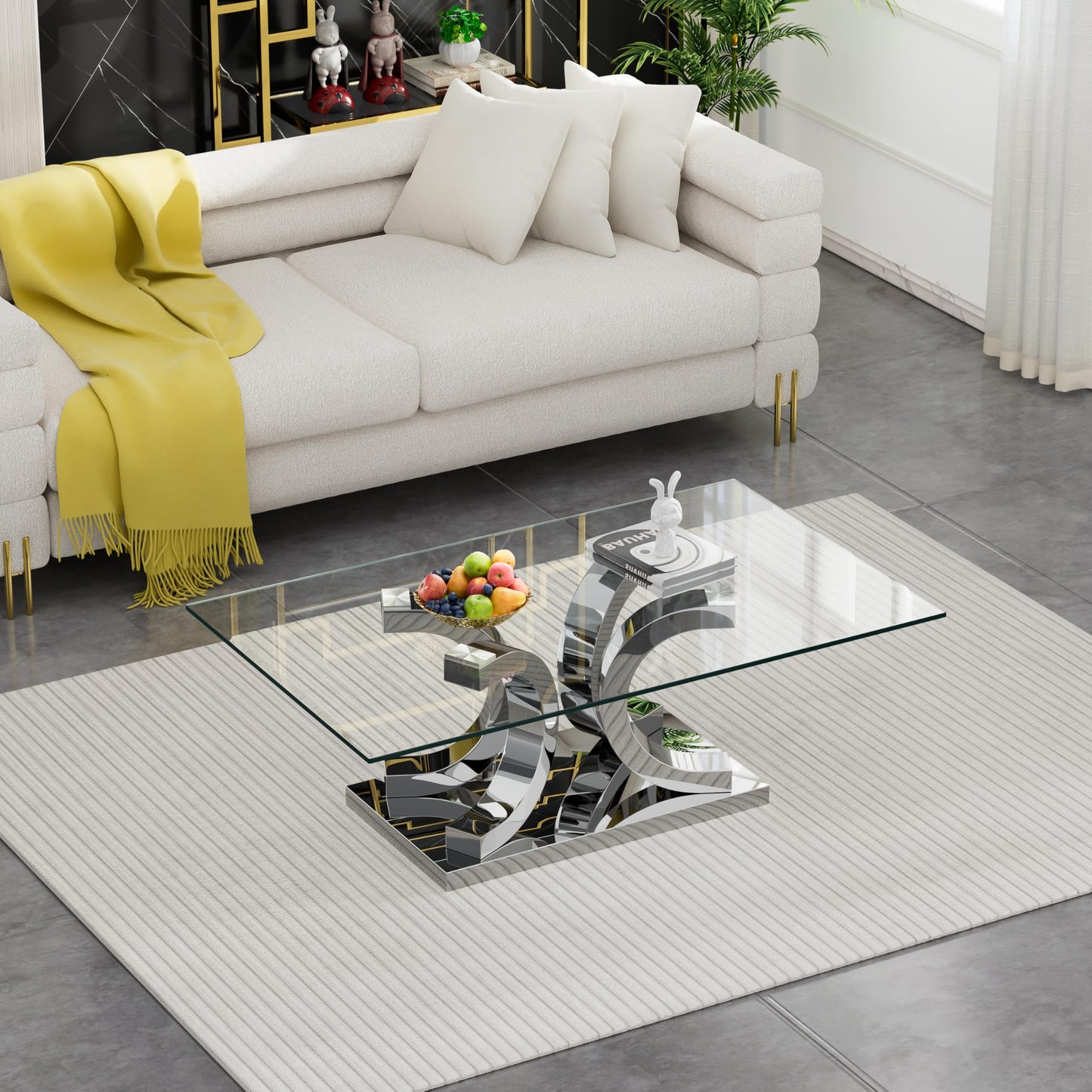 Henf 47" Glass Coffee Table Modern Glass Center Table, Luxury Rectangular Cocktail Table Accent Sofa Table with Tempered Glass Top and Silver Mirrored Stainless Steel Base for Living Room Apartment