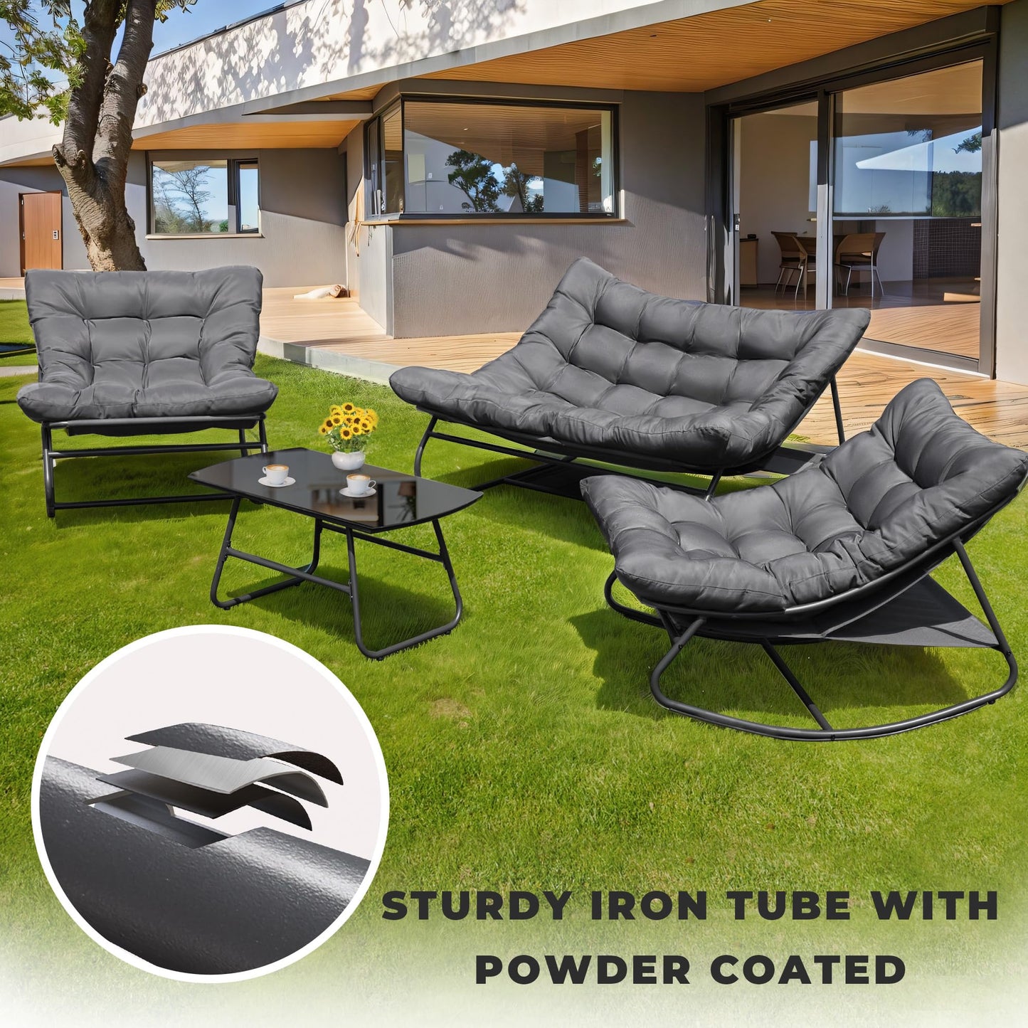 NOBLEMOOD 4 Pieces Patio Loveseat Set with Coffee Table, Outdoor Furniture Set with 2 Rocking Chairs, Outdoor Metal Conversation Set with Cushions, Oversized Rocker Chair, Coffee Table for Porch