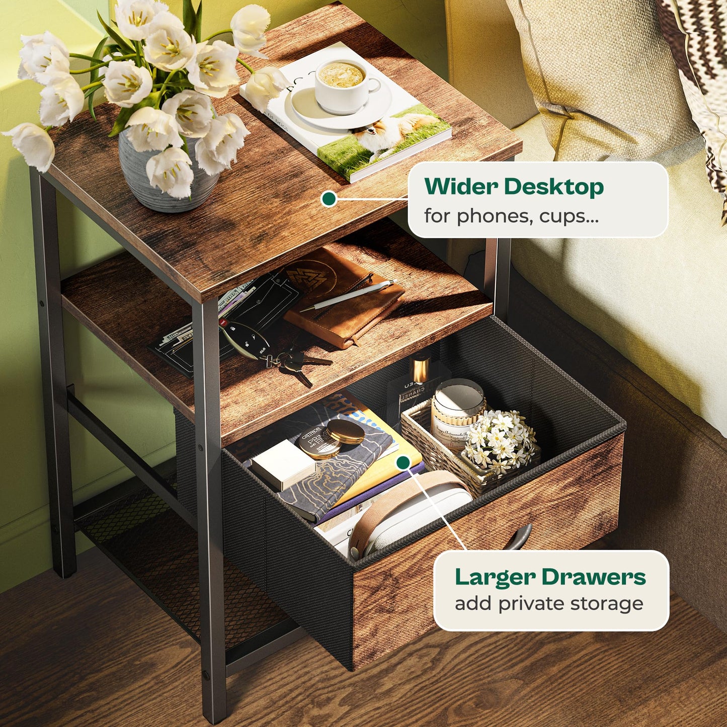Huuger Nightstand Set of 2, Night Stand with Fabric Drawer, Mesh Shelf, Side Table with Storage, Fabric Drawer Dresser, Open Shelf, Metal Frame, Bedroom, Rustic Brown