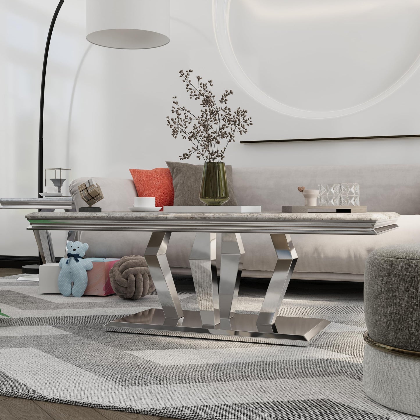 ACEDÉCOR Coffee Table, Silver Coffee Table with Four Geometric Mirror Bases, Rectangular CoffeeTable with Sturdy Metal Frame,48 inches Modern Coffee Table for Living Room, Office, Reception Room