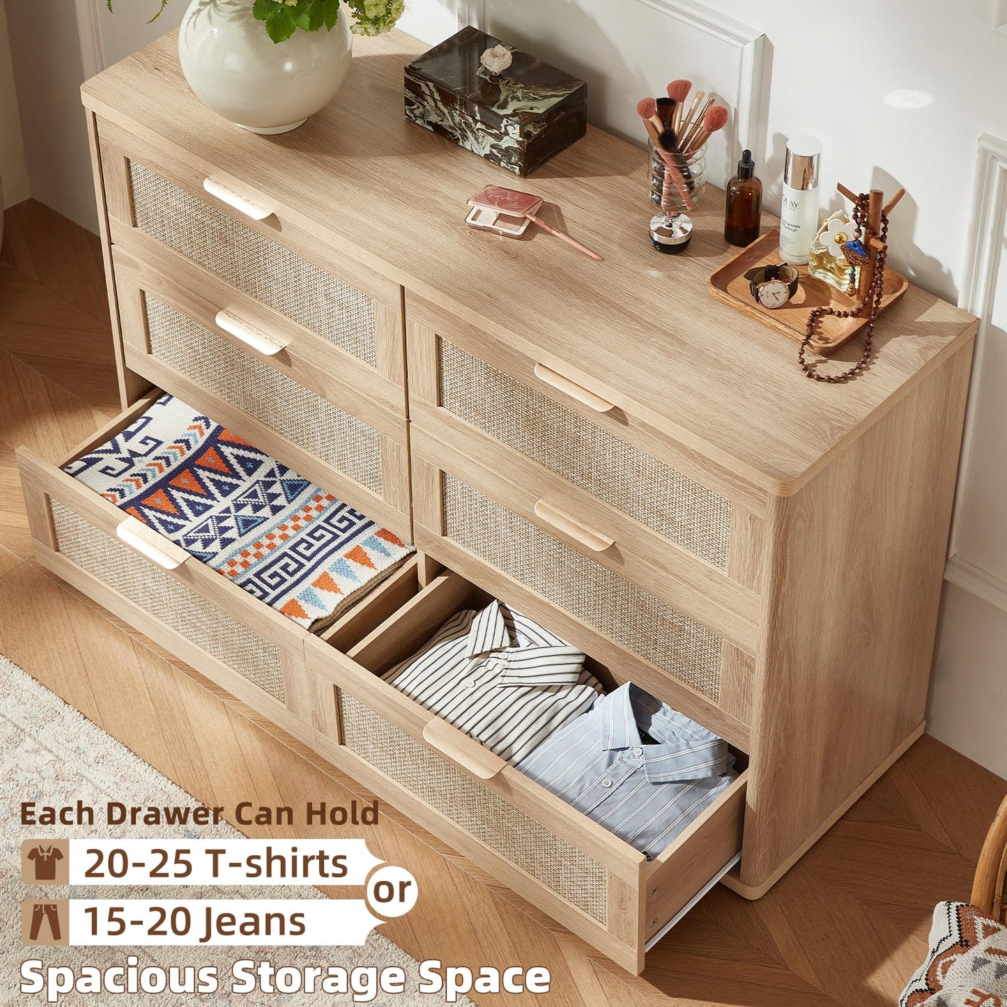 LEYAOYAO Rattan 6 Drawer Dresser for Bedroom, Boho 48" Wide Natural Wood Dresser Chest of Drawers, Dressers TV Stand with Metal Handle, Storage Dressers Closet Organizer for Living Room, Hallway