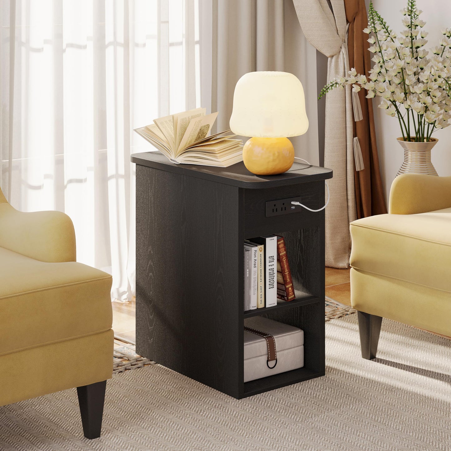 LIKIMIO Narrow Side Table, Small End Tables with Flip Top Storage and Plug for Living Room, Sofa Couch, Small Space, Narrow Nightstand with Charging Station, Vintage Black
