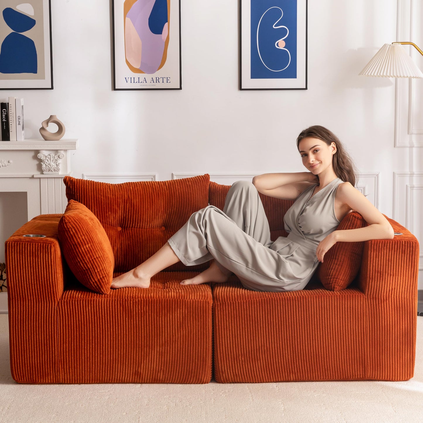 MAXYOYO Modular Sectional Sofa Couch, Loveseat Boneless Cloud Couch for Living Room, Sofa in A Box, Upholstered Cozy Chair with Tufted Craft, No Assembly Required, Orange