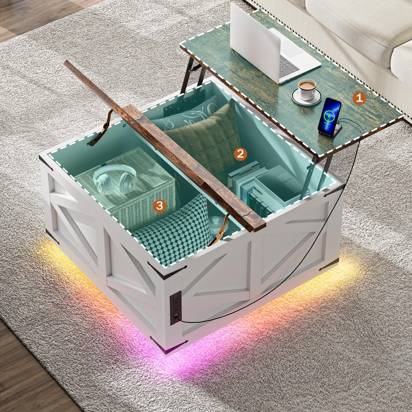 Ztexkee Lift Top Coffee Table with Storage, Farmhouse Coffee Table with Socket and LED Light 31.5" Square Center Table with Large Hidden Storage Compartment for Living Room, Bedroom Brown White