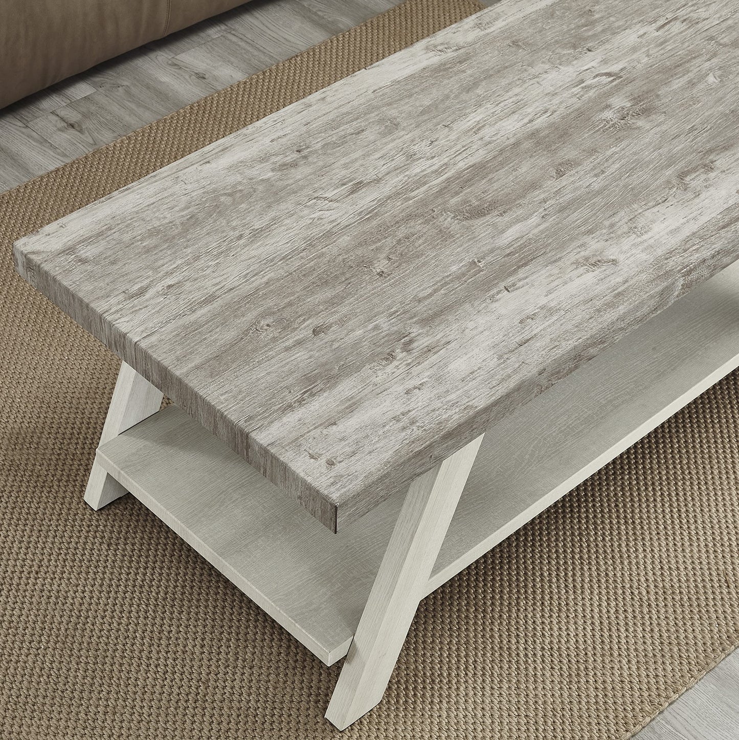 Roundhill Furniture Athens Contemporary 3-Piece Wood Shelf Coffee Table Set, Weathered Gray and Beige