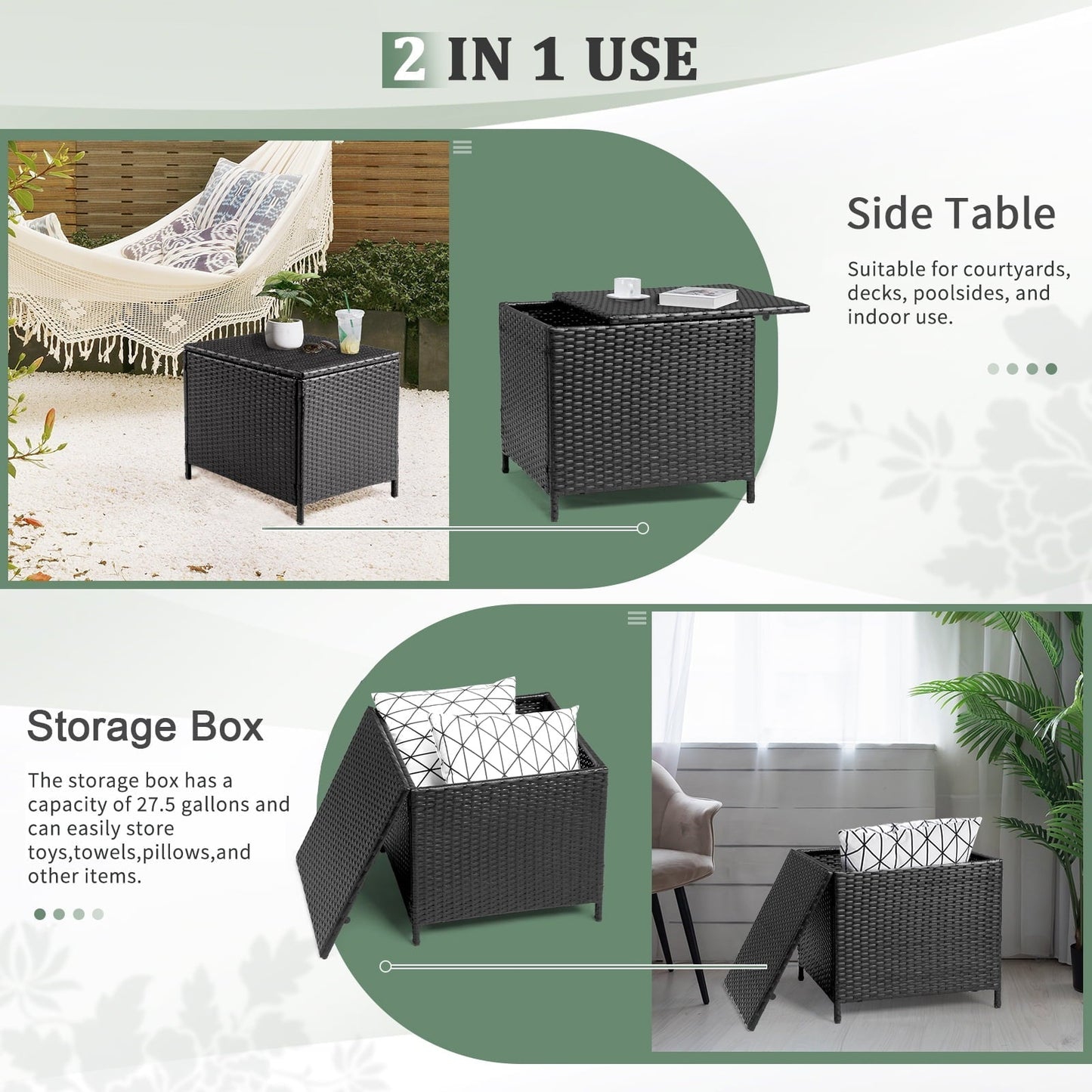 27-Gallon Outdoor PE Wicker Side Table with Storage, All-Weather, Dual-Function, Steel Frame, Black