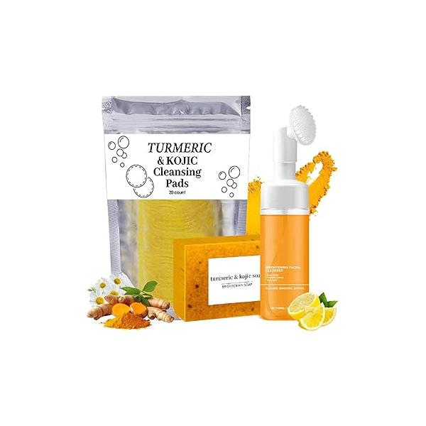 Turmeric Wash and Care Three Piece Set, Trio: Facial Wash, Cleansing Mousse & Soap for Skin Care, Exfoliating Pads, Face Body