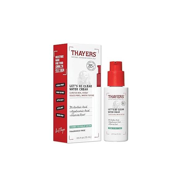 THAYERS Let's Be Clear Water Face Cream, Moisturizer with Azelaic Acid and Hyaluronic Acid, Skin Care for Combination to Oily Skin, 2.5 Oz