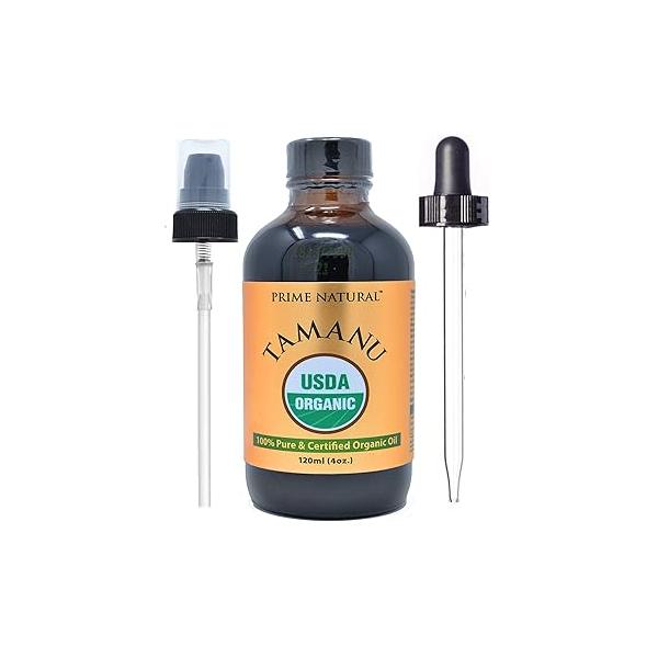 Prime Natural Organic Tamanu Oil - USDA Certified, 100% Pure, Cold Pressed, Unrefined, Virgin (4oz / 120ml) for Face, Hair & Skin Care Moisturizer