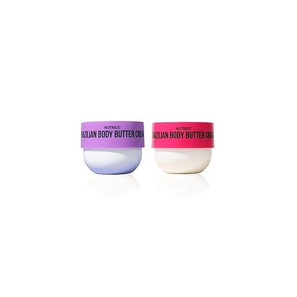 Nutrius Brazilian Body Butter Cream Berry & Botanical Bliss Twin - Ultimate Hydration, Radiant Glow Infused with Acai, Mango, Cocoa, Cupuacu, Vitamin C, Plant Collagen Squalene Pack 2 x 6 OZ Jar